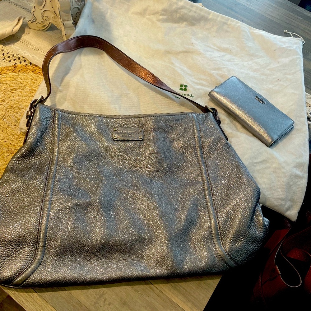 Kate spade shimmer pewter purse bronze straps with wallet